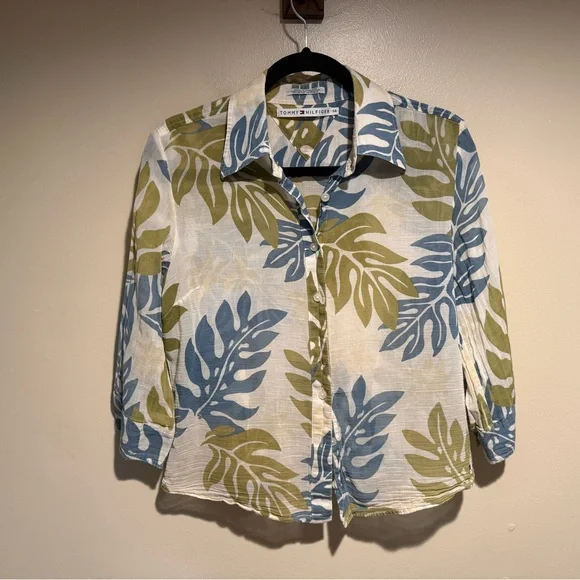 Vintage Tommy Hilfiger Leaf Bloude 100% lightweight gauze cotton size 14 - Picture 5 of 10